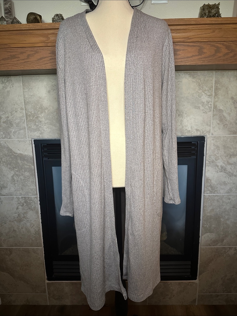 Cuddl Duds L 14 16 Gray Ribbed Maxi Duster Open Front Long Cardigan With Pockets